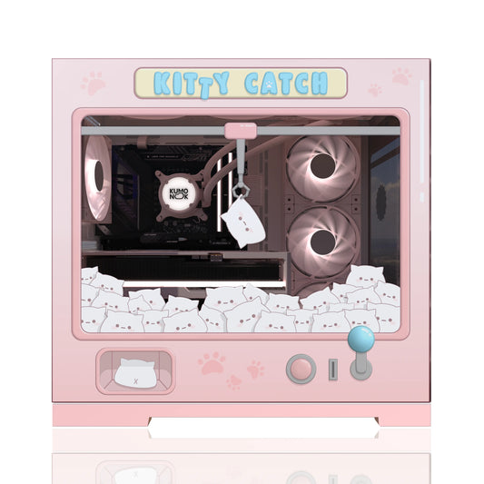 Side glass panel with a large arcade claw machine pc skin, showing off lovely gaming vibes and pc modding.