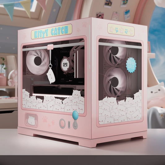 Kitty catch arcade claw machine decal on a pink gaming pc, perfect for kawaii gaming setup ideas.