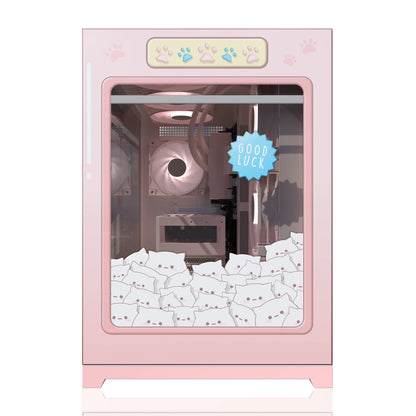 Front view of a computer case with kitty catch arcade stickers and a sweet gaming aesthetic.