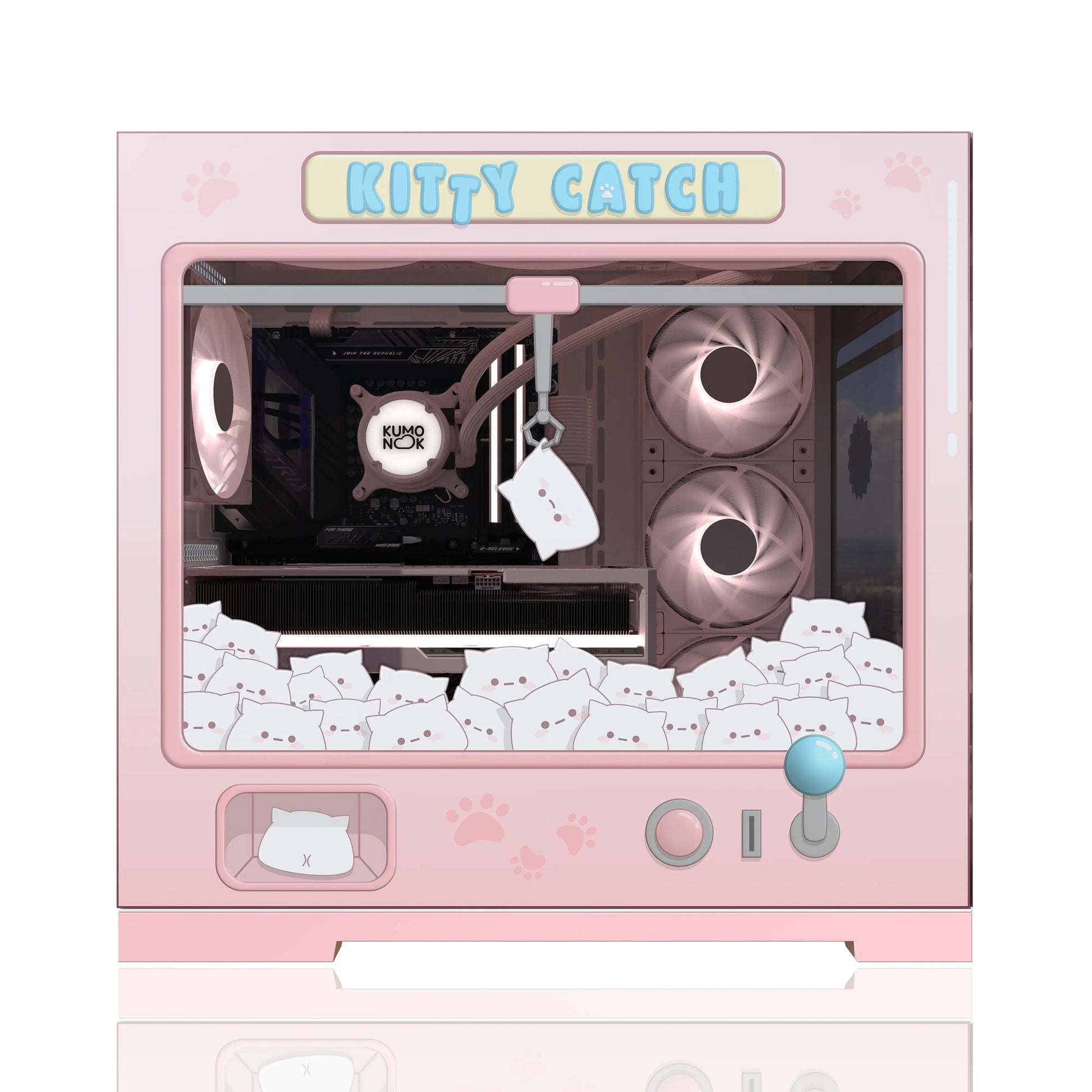 Side glass panel with a large arcade claw machine pc skin, showing off lovely gaming vibes and pc modding.