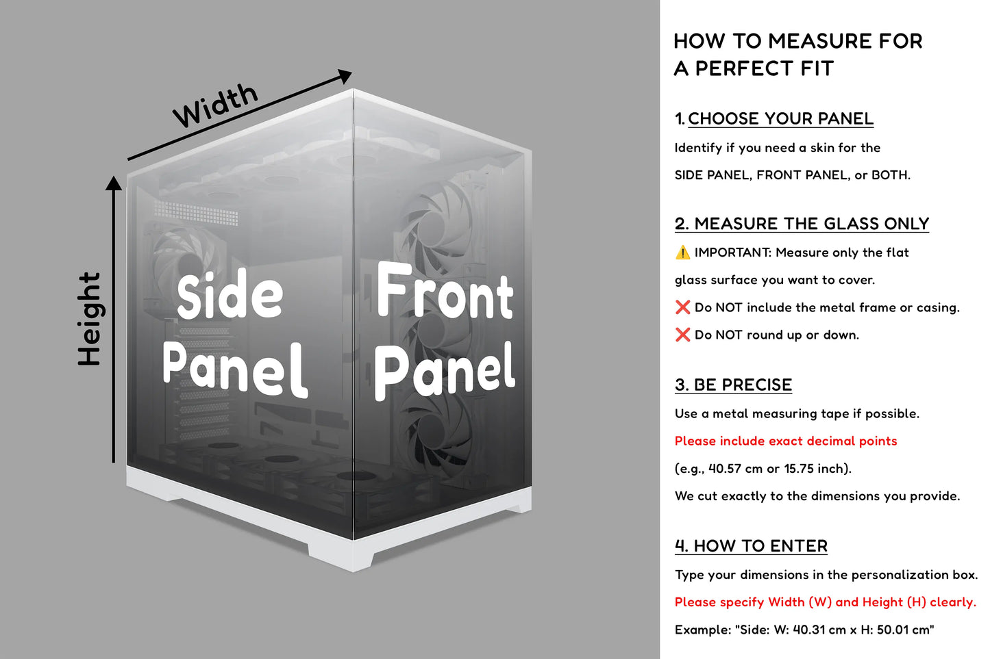 Guide on measuring a pc glass panel for a custom stickers for computer fit, ideal for a kawaii gaming pc.