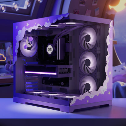 Dreamy night sky moon and clouds pc skin on a lavender gaming setup, perfect for cozy gaming room ideas.