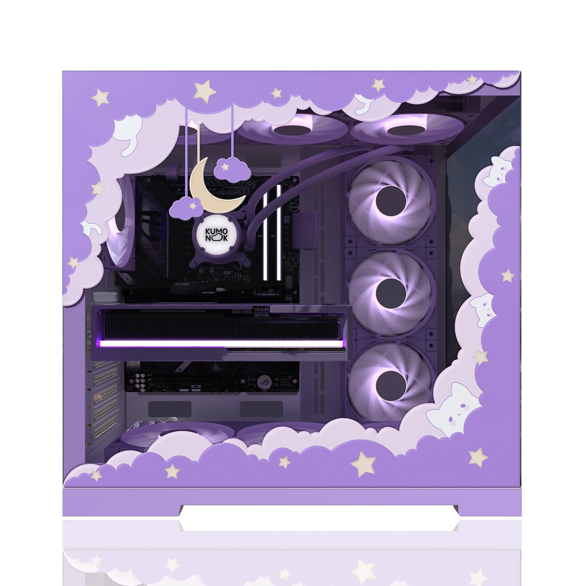 Tempered glass panel with a celestial frame sticker and stars, enhancing the lovely gaming vibe of the PC.