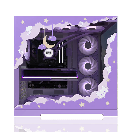 Tempered glass panel with a celestial frame sticker and stars, enhancing the lovely gaming vibe of the PC.