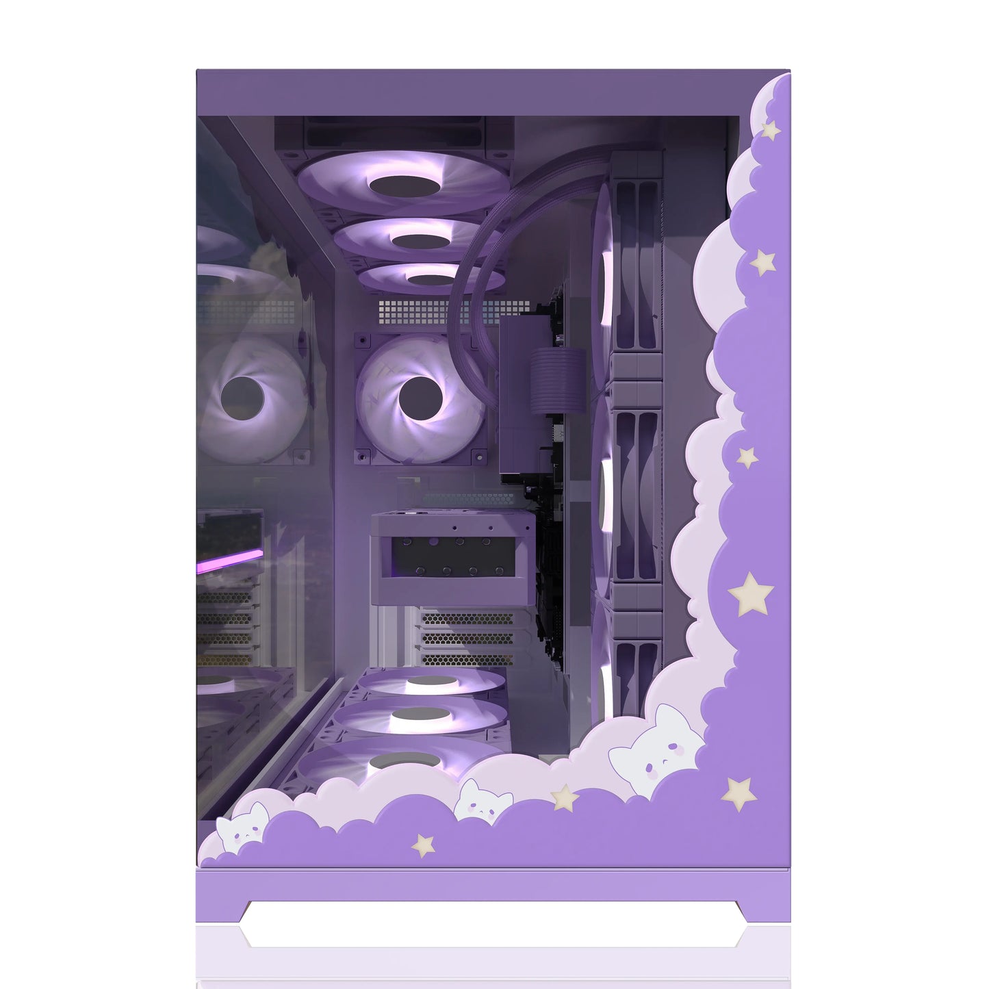 Front view of a white computer case with pastel clouds and moon stickers, showing a sweet gaming aesthetic.