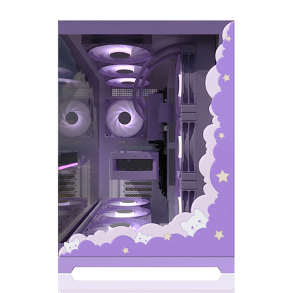 Front view of a white computer case with pastel clouds and moon stickers, showing a sweet gaming aesthetic.