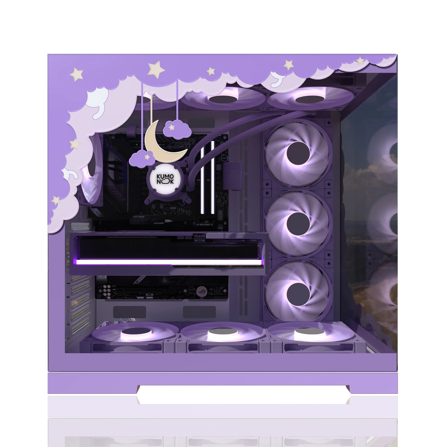 Tempered glass panel with a celestial frame sticker and stars, enhancing the lovely gaming vibe of the PC.