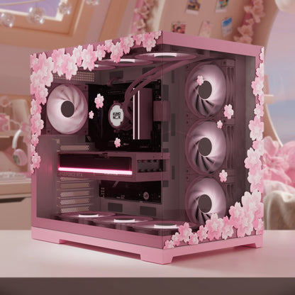 Sakura gaming stickers on a pink pc case, creating a beautiful gaming setup and kawaii gaming room ideas.