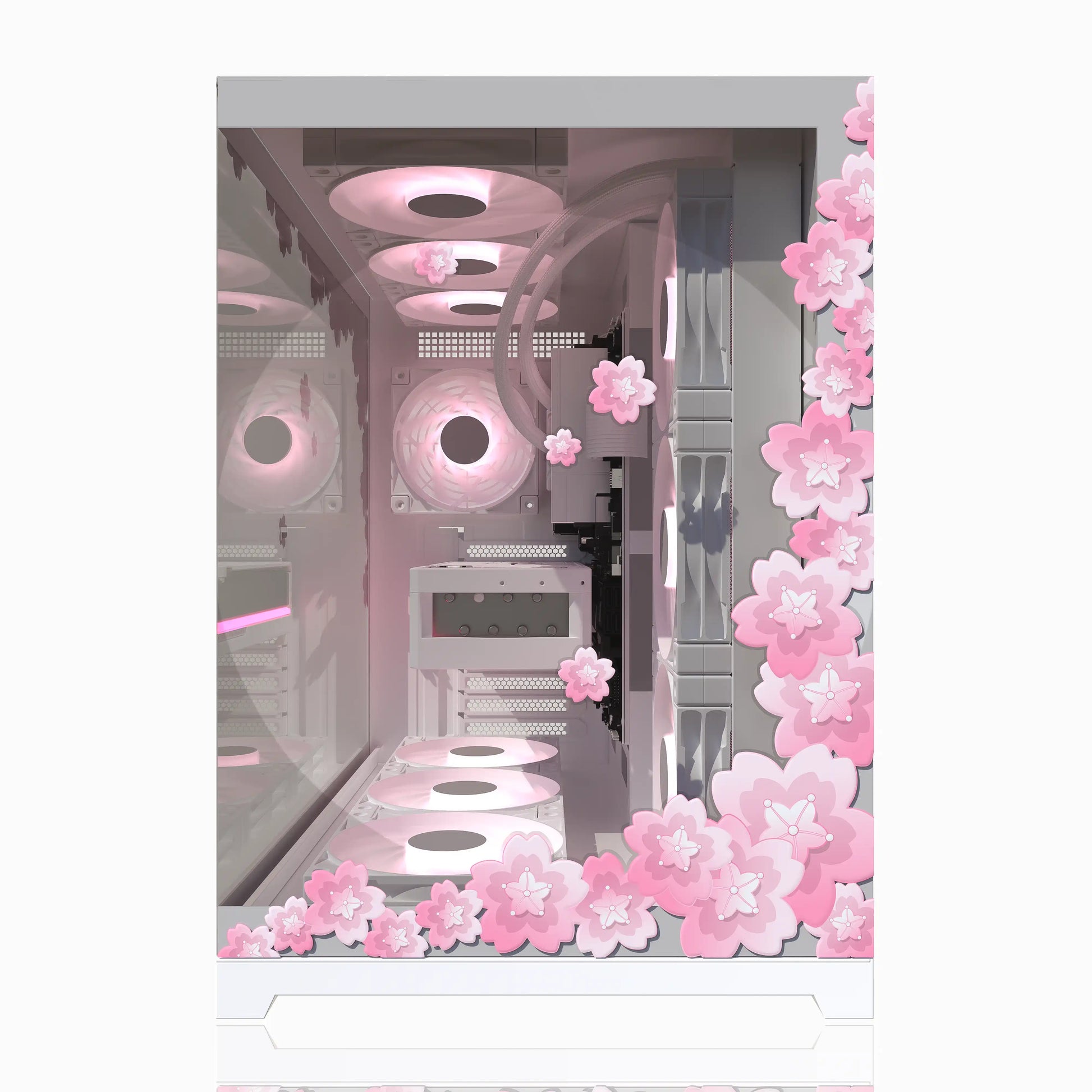 Front glass panel showcasing pc skins and lovely gaming vibes with easy pc modding vinyl stickers.