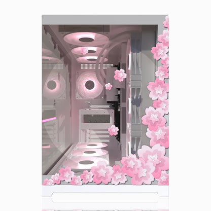 Front glass panel showcasing pc skins and lovely gaming vibes with easy pc modding vinyl stickers.