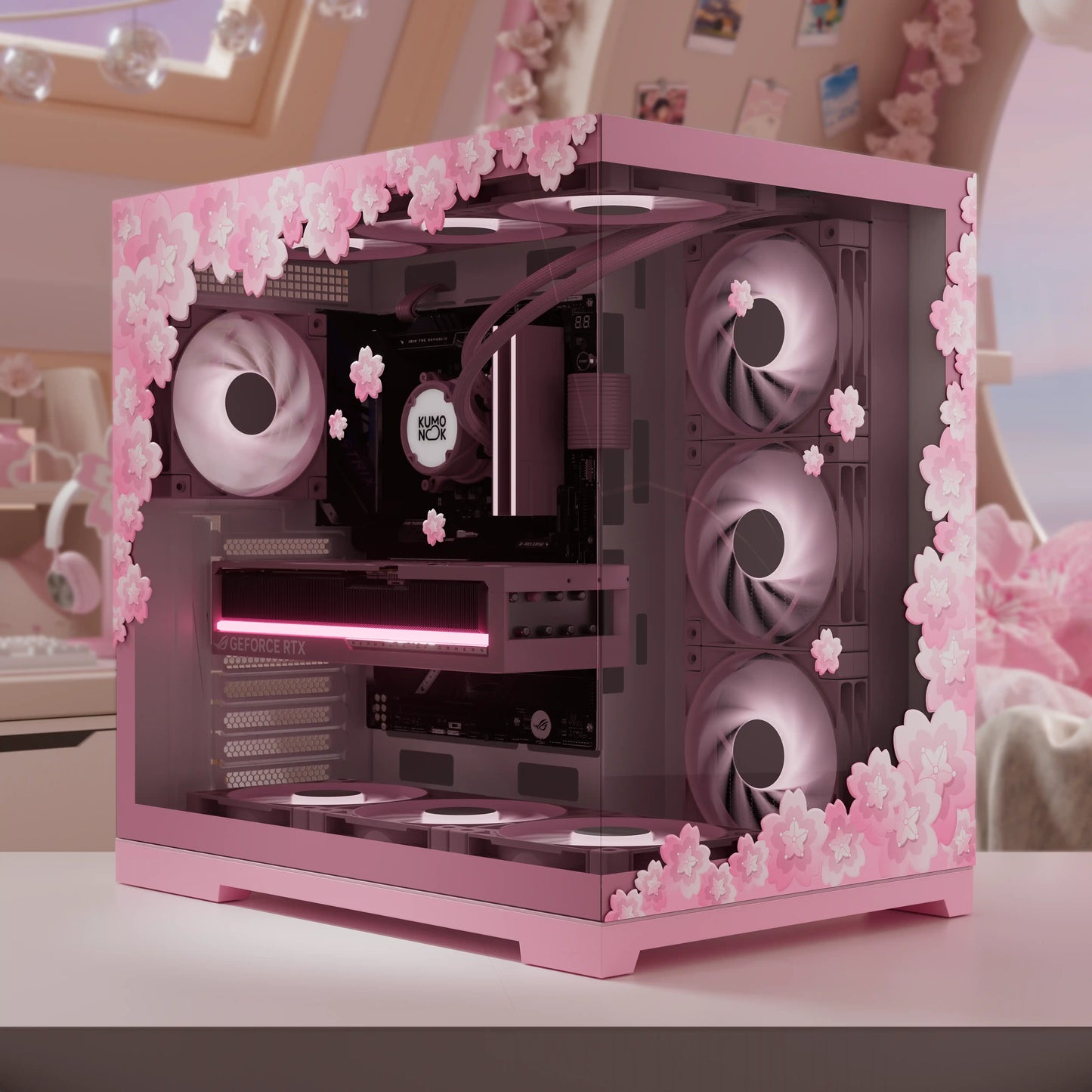 Sakura gaming stickers on a pink pc case, creating a beautiful gaming setup and kawaii gaming room ideas.
