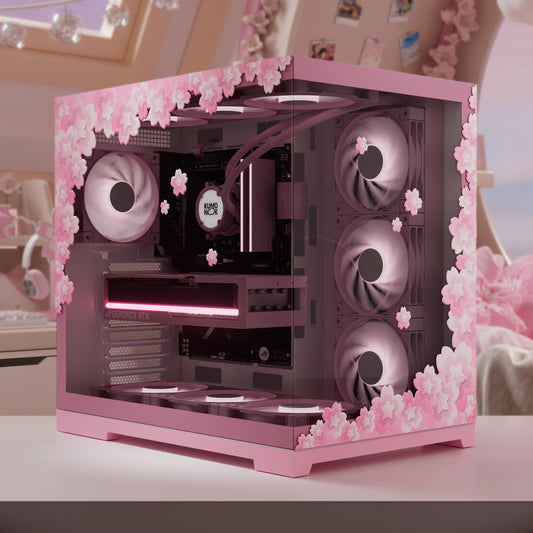 Sakura gaming stickers on a pink pc case, creating a beautiful gaming setup and kawaii gaming room ideas.