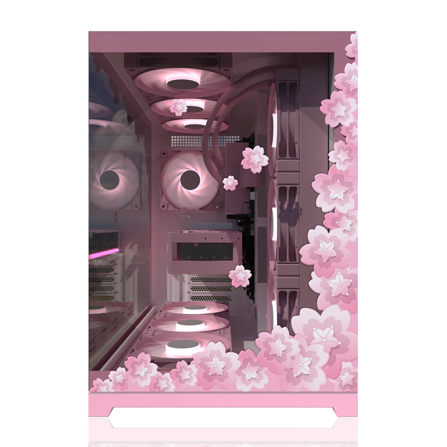 Front panel of a pink computer case with cherry blossom gaming decals, ideal for a sweet gaming aesthetic.