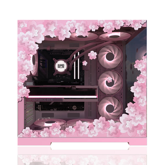 Side glass panel showcasing pc skins and lovely gaming vibes with easy pc modding vinyl stickers.